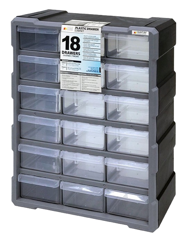 Quantum Storage Systems PDC-18BK Cabinet, 15 in L, 6-1/4 in W, 18-3/4 in H, 18-Drawer, Polypropylene, Black