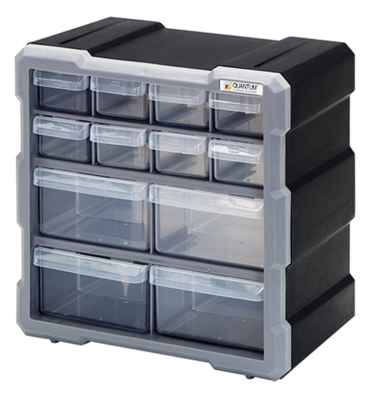 Quantum Storage Systems PDC-12BK Cabinet, 10-1/4 in L, 6-1/4 in W, 10-1/2 in H, 12-Compartment, 12-Drawer, Black