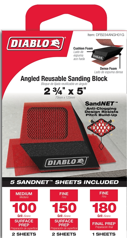 Diablo SandNET DFB234ANGH01G Reusable Angled Hand Sanding Block, 2-3/4 in L, 5 in W, 80, 120, 220 Grit