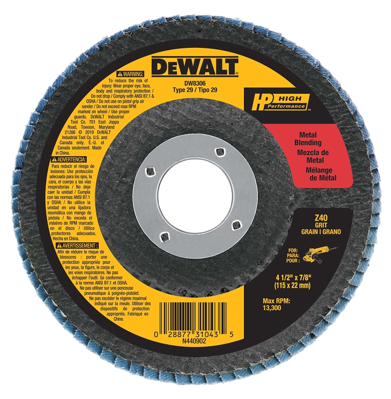 DEWALT DW8306 Flap Disc, 4-1/2 in Dia, 7/8 in Arbor, 40 Grit, Coarse, Zirconia Abrasive, Fiberglass Backing