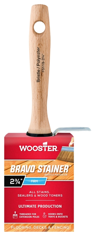 Wooster Bravo Stainer F5119-2 3/4 Paint Brush, 2-3/4 in W, 2-1/16 in L Bristle, China Bristle, Threaded Handle
