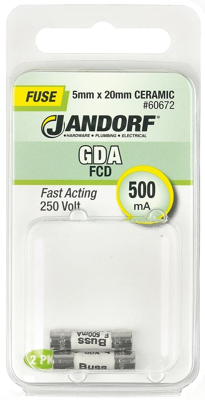 JANDORF GDA Series 60672 Fast Acting Fuse, 500 mA, 250 V, 1500 A Interrupt, Ceramic Body, GDA, Fast-Acting Fuse