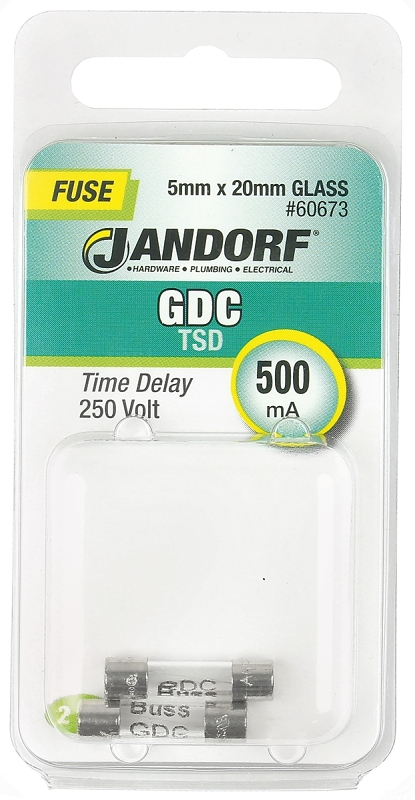 JANDORF GDC Series 60673 Time Delay Fuse, 500 mA, 250 V, 35 A Interrupt, Glass Body