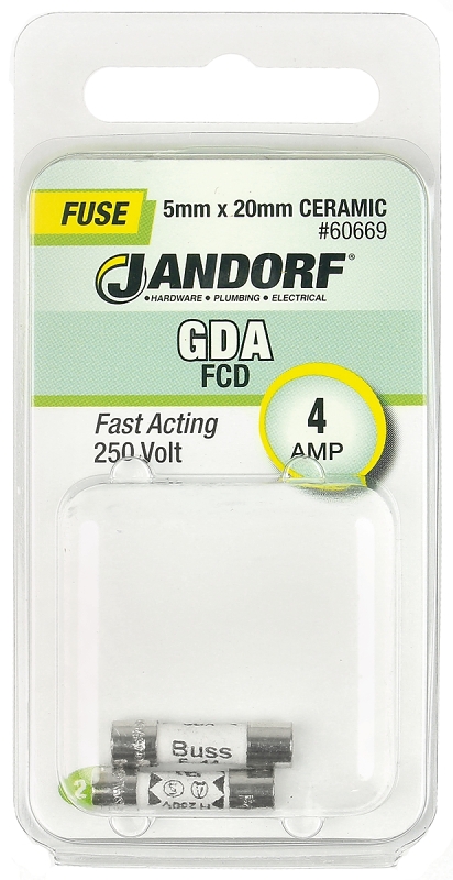 JANDORF GDA Series 60669 Fast Acting Fuse, 4 A, 250 V, 1500 A Interrupt, Ceramic Body, Fast-Acting Fuse