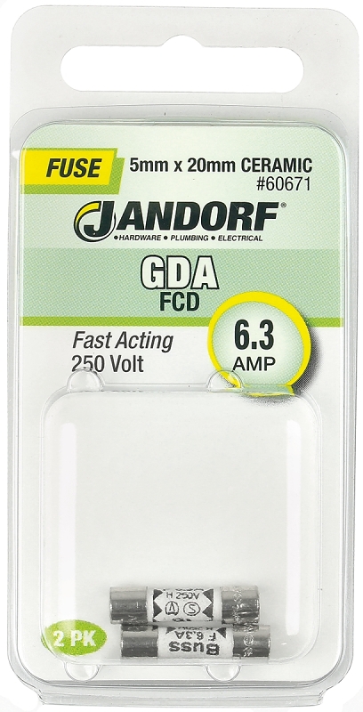 JANDORF GDA Series 60671 Fast Acting Fuse, 6.3 A, 250 V, 1500 A Interrupt, Ceramic Body, Fast-Acting Fuse