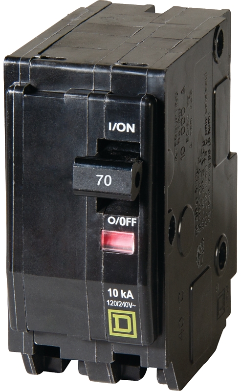 Square D QO270CP Miniature Circuit Breaker, 70 A, 2-Pole, 120/240 VAC, 48 VDC, Standard Trip, Plug Mounting, Black