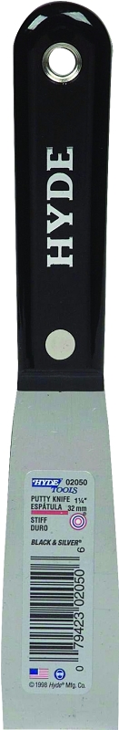 Hyde Black & Silver 02050 Scraper, 1-1/4 in W Blade, HCS Blade, Nylon Handle, Tapered Handle, 7-3/4 in OAL