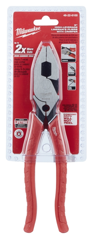 Milwaukee 48-22-6100 Lineman's Plier with Crimper, 9 in OAL, 1.77 in Cutting Capacity, 1.77 in Jaw Opening, Red Handle