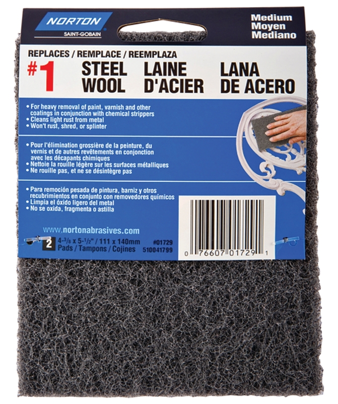 Norton 01729 Steel Wool, 4-3/8 in L, 5-1/2 in W, 1 Grit, Medium, Charcoal