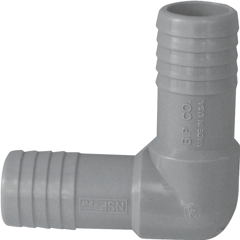 Boshart UPPE-05 Pipe Elbow, 1/2 in, Insert, 90 deg Angle, Polypropylene, Gray, 200 psi Pressure