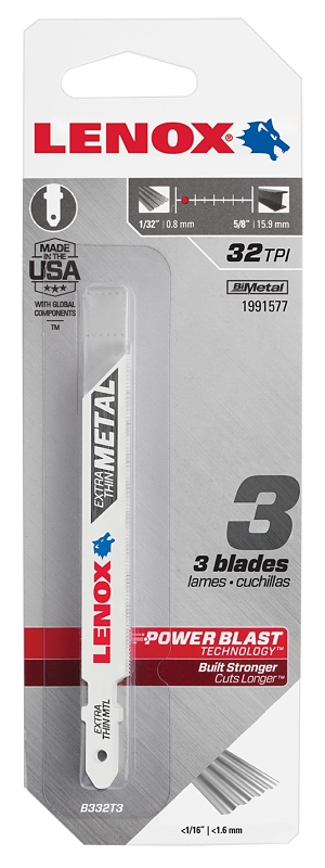 Lenox 1991577 Jig Saw Blade, 3/8 in W, 3-5/8 in L, 32 TPI, Bi-Metal Cutting Edge