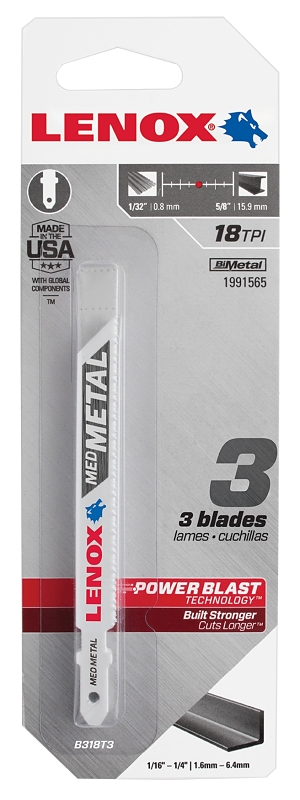 Lenox 1991565 Jig Saw Blade, 3/8 in W, 3-5/8 in L, 18 TPI, Bi-Metal Cutting Edge