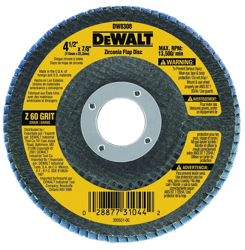DEWALT DW8308 Flap Disc, 4-1/2 in Dia, 7/8 in Arbor, 60 Grit, Medium, Zirconia Abrasive, Fiberglass Backing