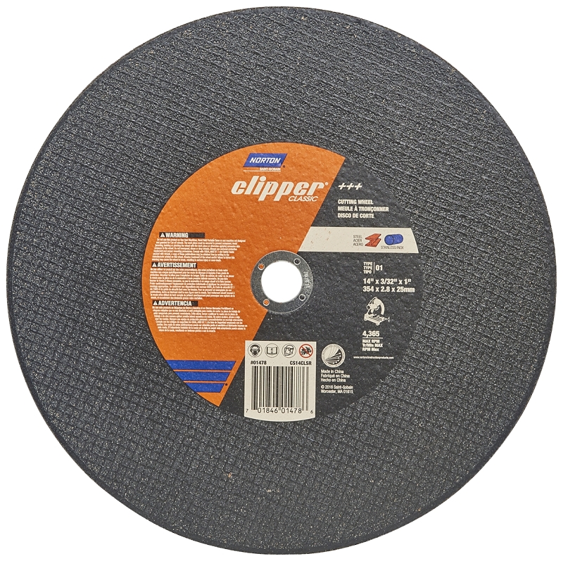 Norton Clipper Classic Series 70184601478 Cut-Off Wheel, 14 in Dia, 3/32 in Thick, 1 in Arbor, 36 Grit, Coarse