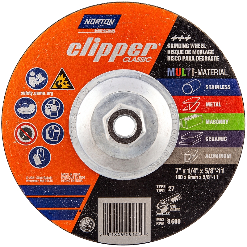 Norton Clipper Classic Series 70184609145 Grinding Wheel, 7 in Dia, 1/4 in Thick, 5/8-11 Arbor, 24 Grit, Coarse
