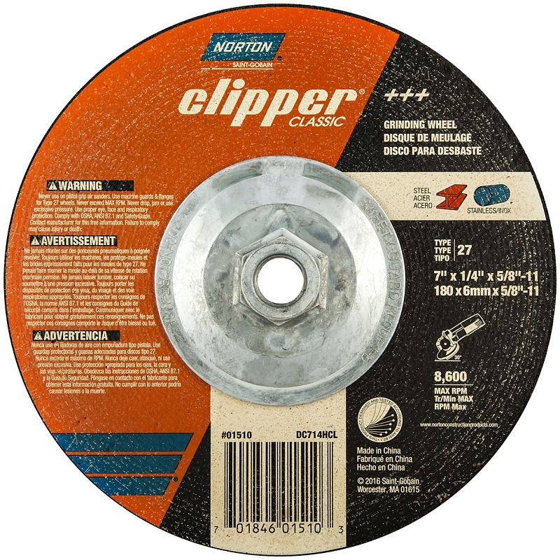 Norton Clipper Classic Series 70184601510 Grinding Wheel, 7 in Dia, 1/4 in Thick, 5/8-11 Arbor, 24 Grit, Extra Coarse