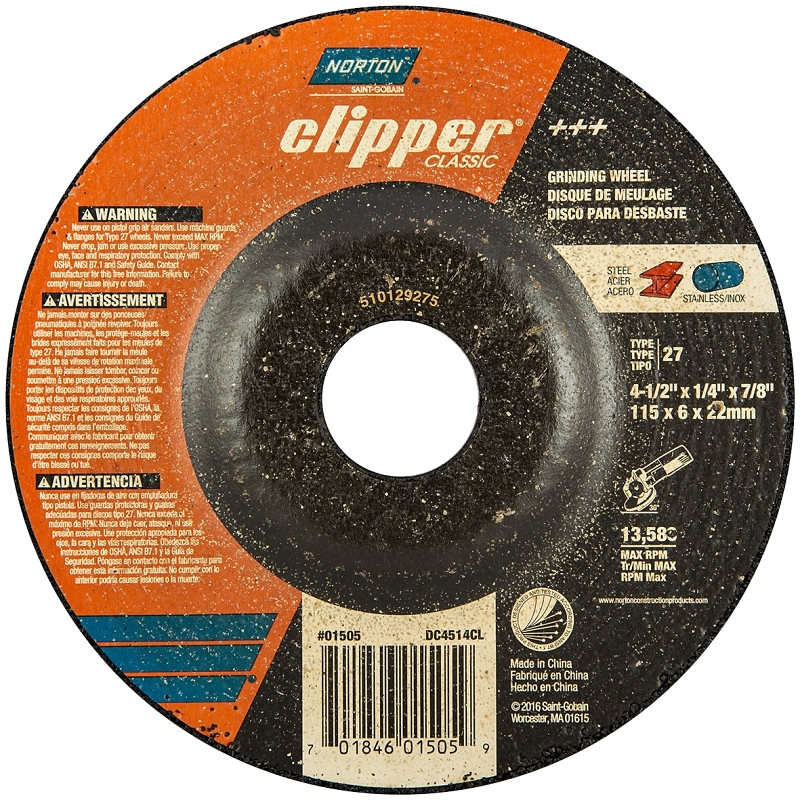 Norton Clipper Classic Series 70184601505 Grinding Wheel, 4-1/2 in Dia, 1/4 in Thick, 7/8 in Arbor, 24 Grit