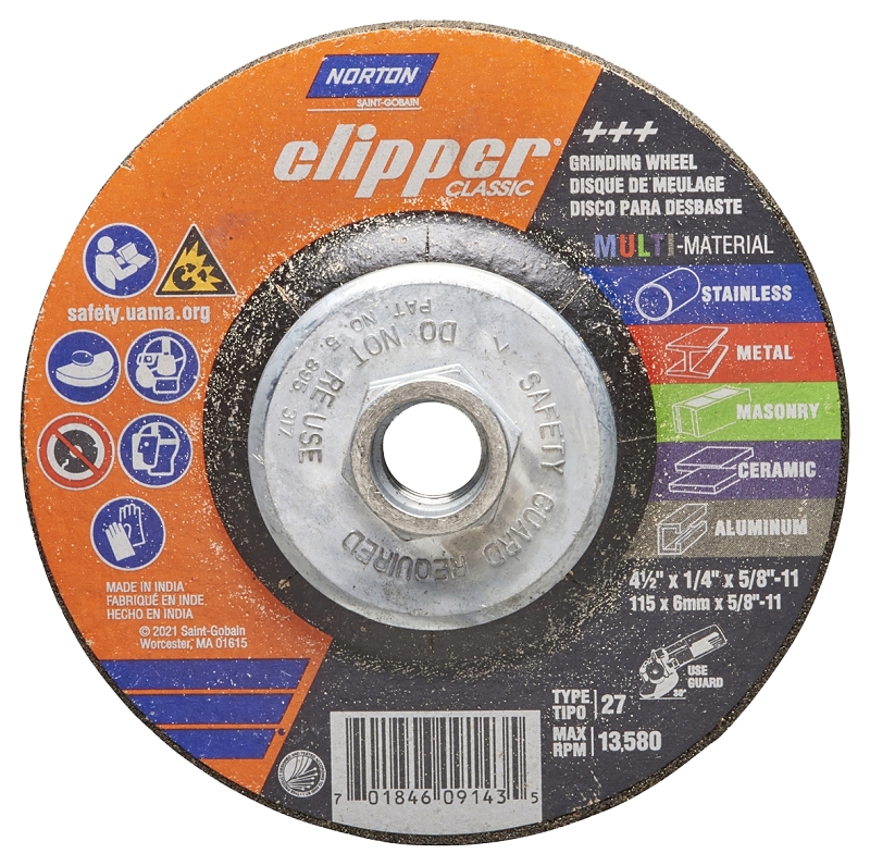 Norton Clipper Classic Series 70184609143 Grinding Wheel, 4-1/2 in Dia, 1/4 in Thick, 5/8-11 Arbor, 24 Grit, Coarse