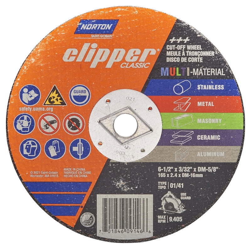 Norton Clipper Classic Series 70184609146 Cut-Off Wheel, 6-1/2 in Dia, 3/32 in Thick, 5/8 in Arbor, 36 Grit, Coarse
