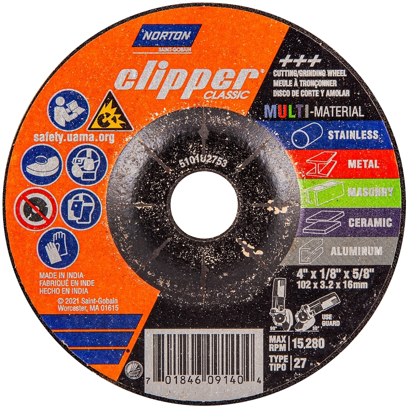 Norton Clipper Classic Series 70184609140 Grinding Wheel, 4 in Dia, 1/8 in Thick, 5/8 in Arbor, 24 Grit, Coarse