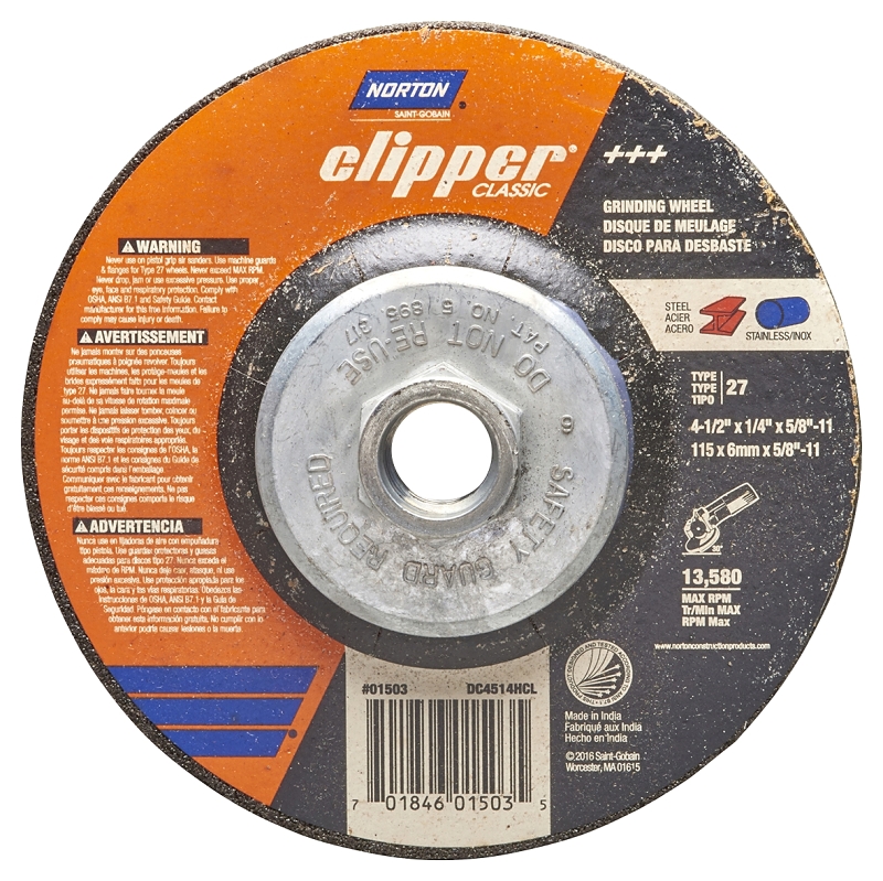 Norton Clipper Classic Series 70184601503 Grinding Wheel, 4-1/2 in Dia, 1/4 in Thick, 5/8-11 Arbor, 24 Grit