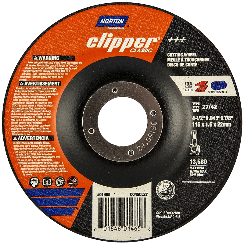 Norton Clipper Classic Series 70184601465 Cut-Off Wheel, 4-1/2 in Dia, 0.045 in Thick, 7/8 in Arbor, 36 Grit, Coarse
