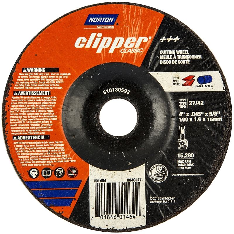 Norton Clipper Classic Series 70184601464 Cut-Off Wheel, 4 in Dia, 0.045 in Thick, 5/8 in Arbor, Extra Coarse