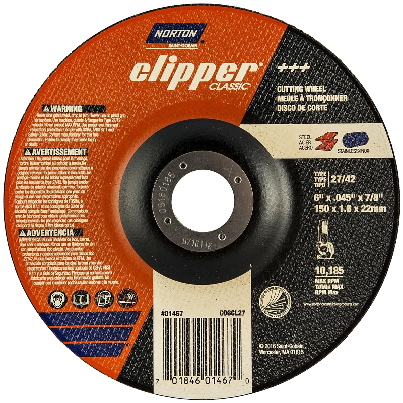 Norton Clipper Classic Series 70184601467 Cut-Off Wheel, 6 in Dia, 0.045 in Thick, 7/8 in Arbor, Medium