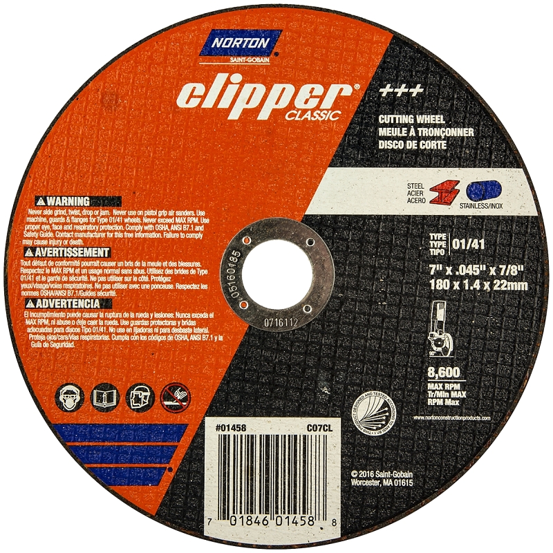 Norton Clipper Classic Series 70184601458 Cut-Off Wheel, 7 in Dia, 0.045 in Thick, 7/8 in Arbor, 36 Grit, Coarse