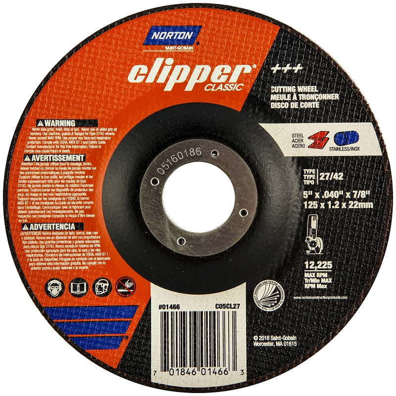 Norton Clipper Classic Series 70184601466 Cut-Off Wheel, 5 in Dia, 0.045 in Thick, 7/8 in Arbor, Extra Coarse
