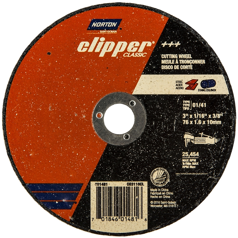 Norton Clipper Classic Series 70184601481 Cut-Off Wheel, 3 in Dia, 1/16 in Thick, 3/8 in Arbor, Coarse