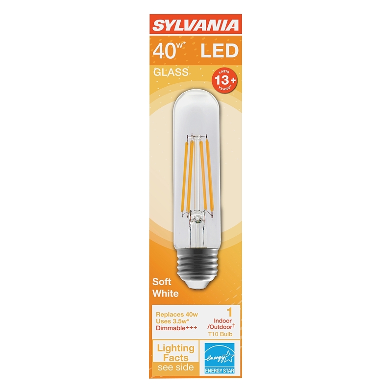 Sylvania 42054 LED Bulb, T10 Lamp, 40 W Equivalent, E26 Medium Lamp Base, Dimmable, Clear, Soft White Light