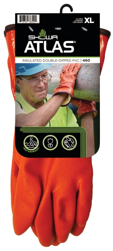 Showa 460XL-10.RT Insulated Coated Gloves, XL, 11-13/16 in L, Gauntlet Cuff, PVC Coating, PVC Glove, Orange