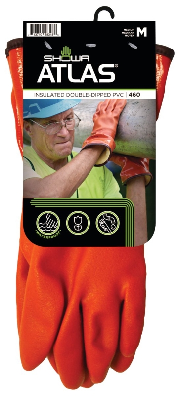 Showa 460M-08.RT Insulated Coated Gloves, M, 11-13/16 in L, Gauntlet Cuff, PVC Coating, PVC Glove, Orange
