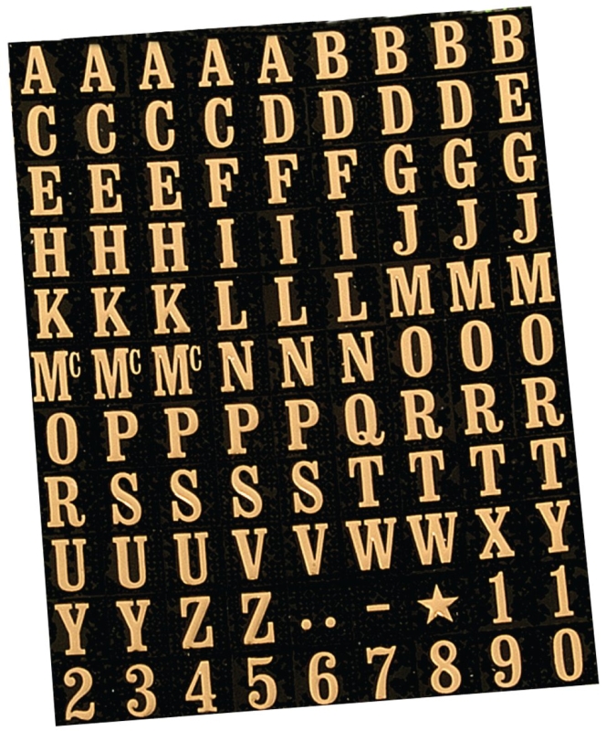 Hy-Ko MM-1 Packaged Number and Letter Set, Character: 0 to 9, A to Z, -!, 5/16 in H Character, Gold Character, Mylar, Pack of 10