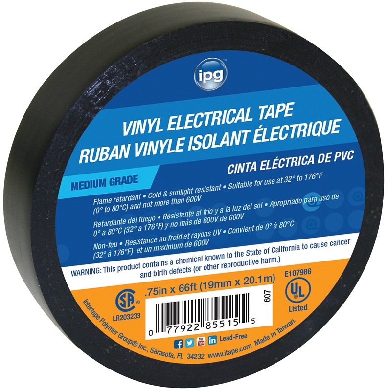 IPG 85835 Electrical Tape, 66 ft L, 3/4 in W, PVC Backing, Black
