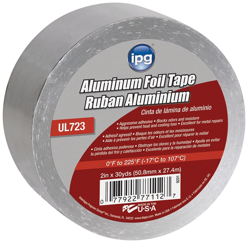 IPG 9201 Foil Tape, 30 yd L, 2 in W, Aluminum Backing, Aluminum