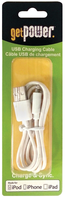 GetPower GP-USB-IPH5 USB Charging and Sync Cable, USB, Apple Lightning, White, 3 ft L