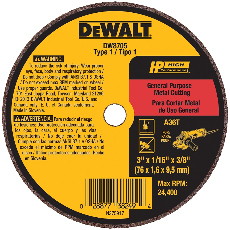 DEWALT HP DW8705 Cutting and Grinding Wheel, 3 in Dia, 1/16 in Thick, 3/8 in Arbor, 36 Grit, Very Coarse