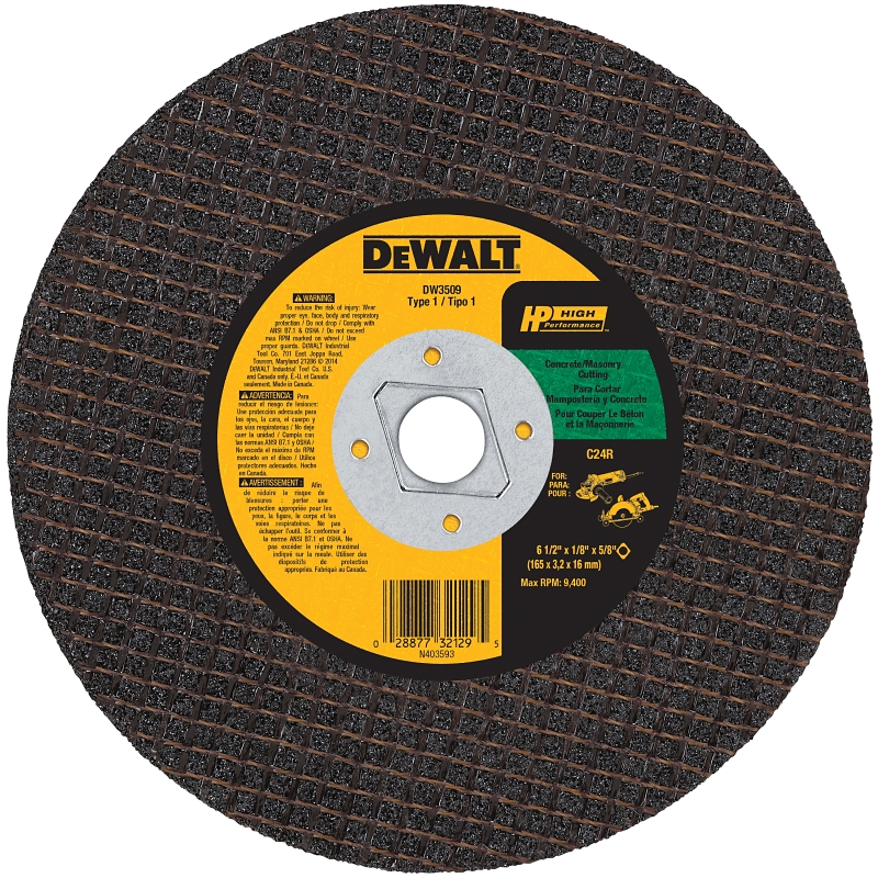 DEWALT HP DW3509 Cutting Wheel, 6-1/2 in Dia, 1/8 in Thick, 5/8 in Arbor, 24 Grit, Coarse, Silicone Carbide Abrasive
