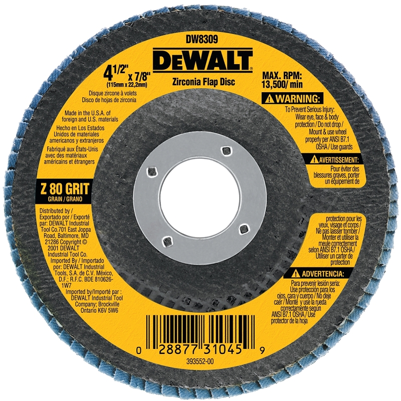 DEWALT DW8309 Flap Disc, 4-1/2 in Dia, 7/8 in Arbor, 80 Grit, Medium, Zirconia Abrasive, Fiberglass Backing, Center Hole