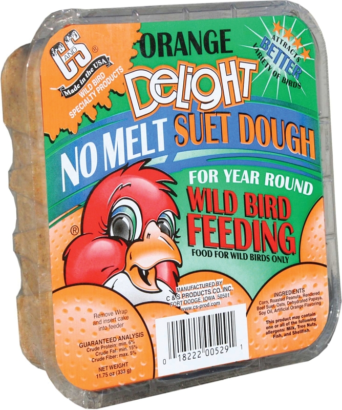 C&S No Melt Suet Dough Delights Series CS12529 Corn Bird Suet, 11.75 oz, No-Melt Suet Dough, Solid, Orange, Orange, Pack of 12