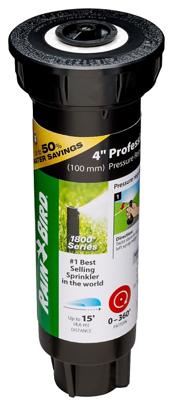 Rain Bird 1804HV15PR Pressure Regulated Pop-Up Sprinkler, 1/2 in Connection, FNPT, 4 in H Pop-Up, 15 ft, Plastic