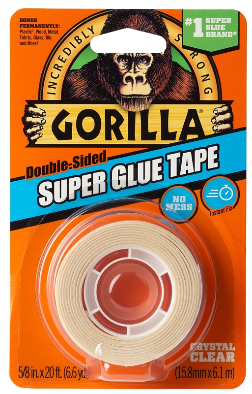 Gorilla 109340 Super Glue Tape, 20 ft L, 5/8 in W, Polymer Backing, Crystal Clear