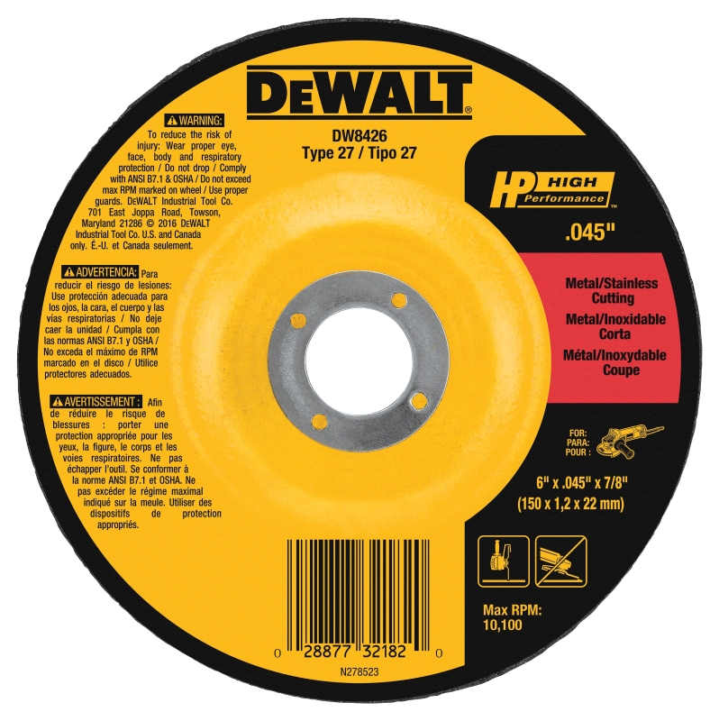 DEWALT HP DW8426 Cutting Wheel, 6 in Dia, 0.045 in Thick, 7/8 in Arbor, 60 Grit, Medium, Aluminum Oxide Abrasive