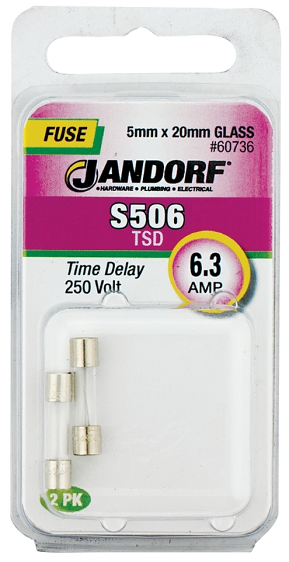 JANDORF S506 Series 60736 Time Delay Fuse, 6.3 A, 250 V, 63 A Interrupt, Glass Body, Time Delay Fuse