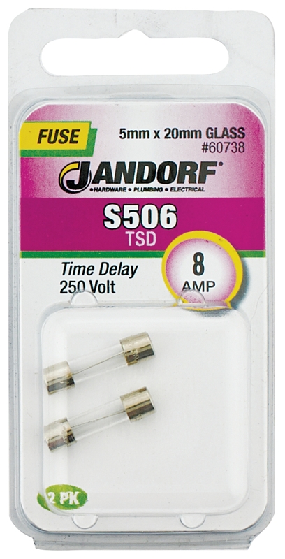 JANDORF S506 Series 60738 Time Delay Fuse, 8 A, 250 V, 80 A Interrupt, Glass Body, Time Delay Fuse