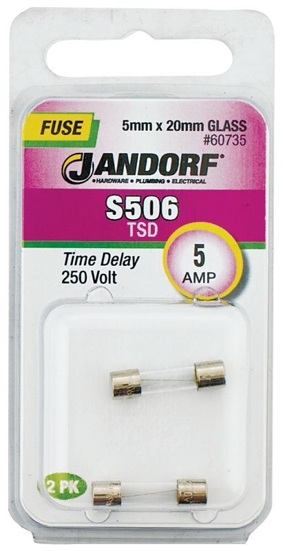 JANDORF S506 Series 60735 Time Delay Fuse, 5 A, 250 V, 50 A Interrupt, Glass Body, Time Delay Fuse