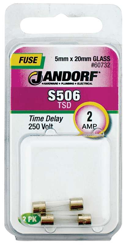 JANDORF S506 Series 60732 Time Delay Fuse, 2 A, 250 V, 35 A Interrupt, Glass Body, Time Delay Fuse