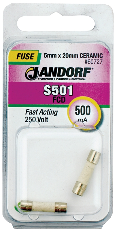 JANDORF S501 Series 60727 Fast Acting Fuse, 500 mA, 250 V, 1500 A Interrupt, Ceramic Body, S501, Fast-Acting Fuse